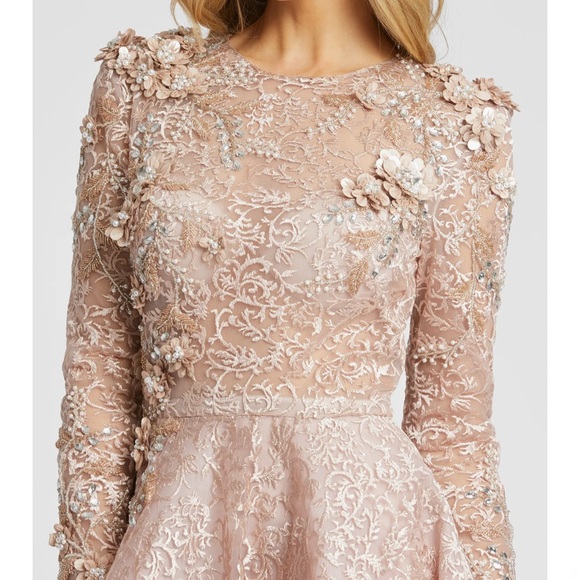 Mac Duggal Embellished Illusion Long Sleeve A line Gown In Mocha Pink - Reemoly - Picture 5 of 17